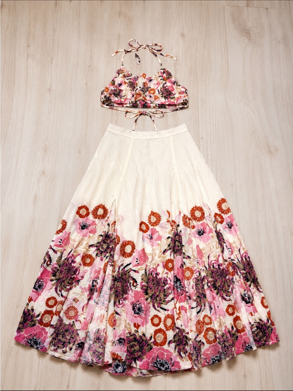 Free People Cream Maxi Skirt and Top with Pink, Orange and Purple Floral Border